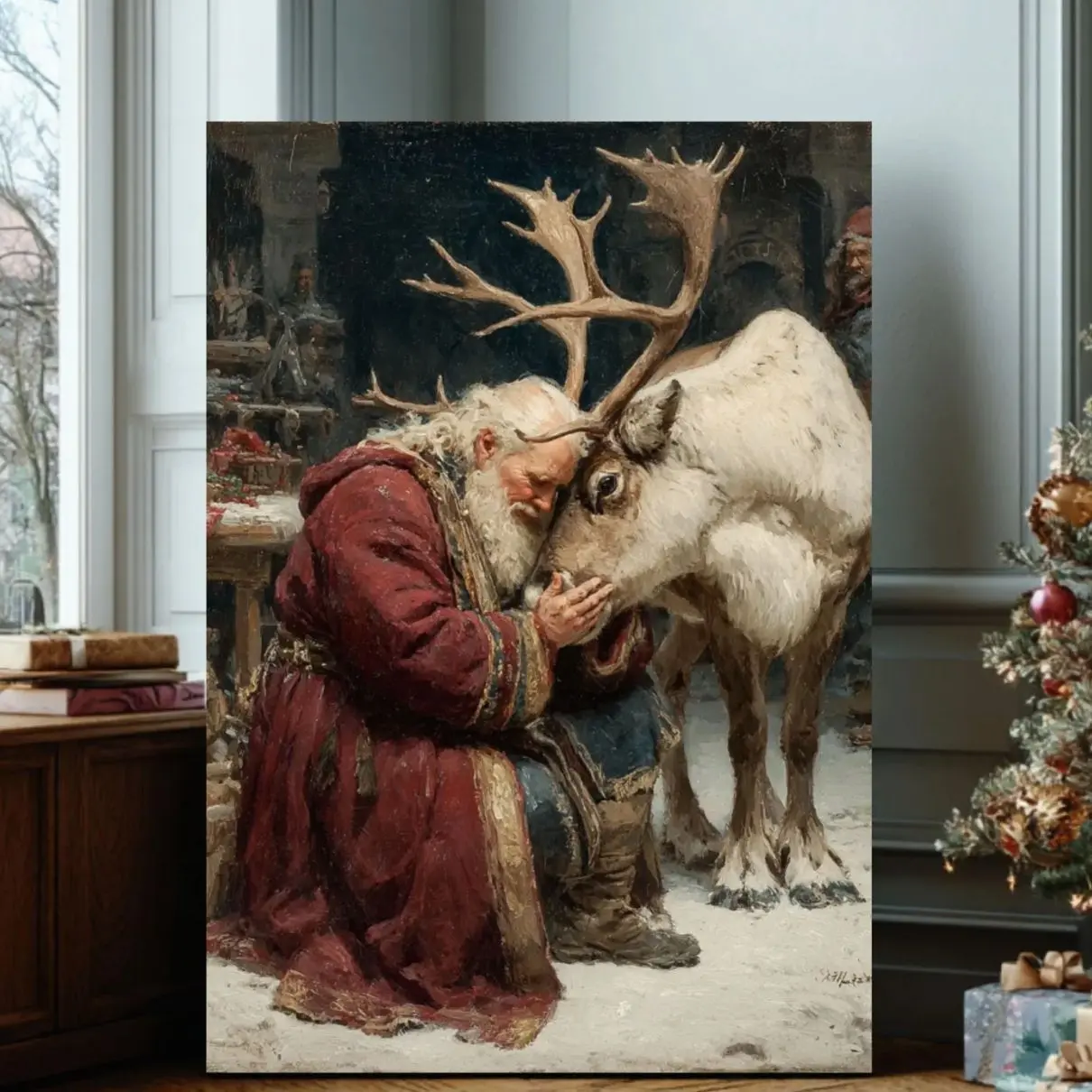 Santa and Reindeer Canvas Print : Heartwarming Christmas Painting | Framless Poster C