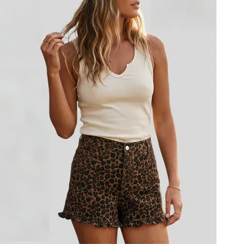 Imily Bela Viral Leopard Print High Waisted Denim Shorts, Women's Cute Cotton Summer Shorts with Ruffled Hem, Must Have Casual Summer Bottoms