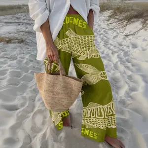 Women's Retro Nautical-Style Sardine Print Wide-Leg Pants with Contrasting Painted Loose and Comfortable, They Exude a Literary and Vacation Vibe, Easily Creating a Casual Summer Look beach vibe pants #Spring Bottom Girls pants