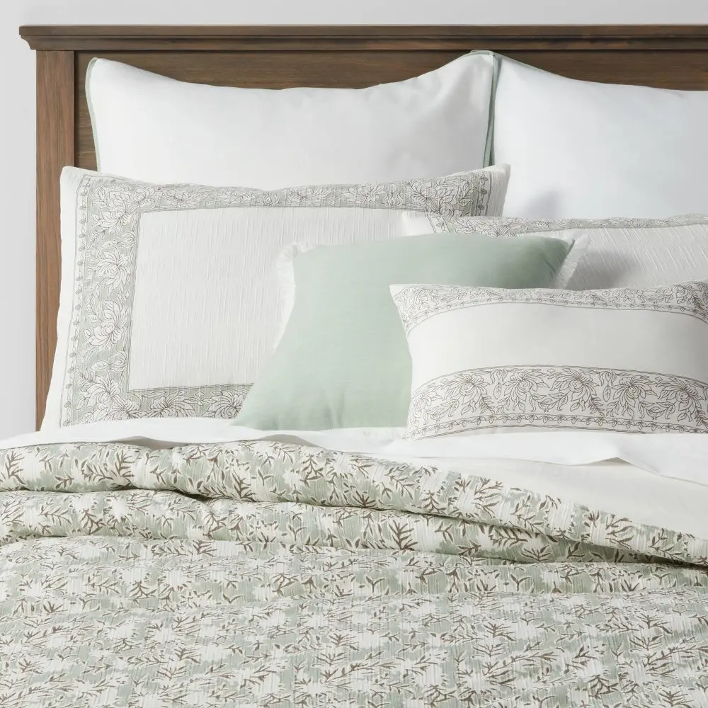 8pc King Printed Floral with Border 8pc Comforter Set Green - Threshold: Cotton Blend Percale Weave OEKO-TEX Certified