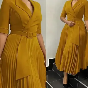 Summer Elegant  Half Sleeve V-neck Polyester Solid Color Dress African Clothes African Pleated Dresses for Women Milkmaid Dresses Casual Fabric