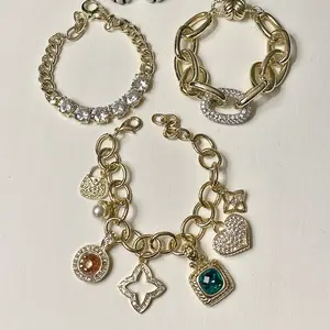 Shop The Look 14k Gold Plated Bracelet Stack Charm Bracelet with Magnetic Link and CZ Front Cuban Link Bracelet Featuring Heart and Diamond Charms