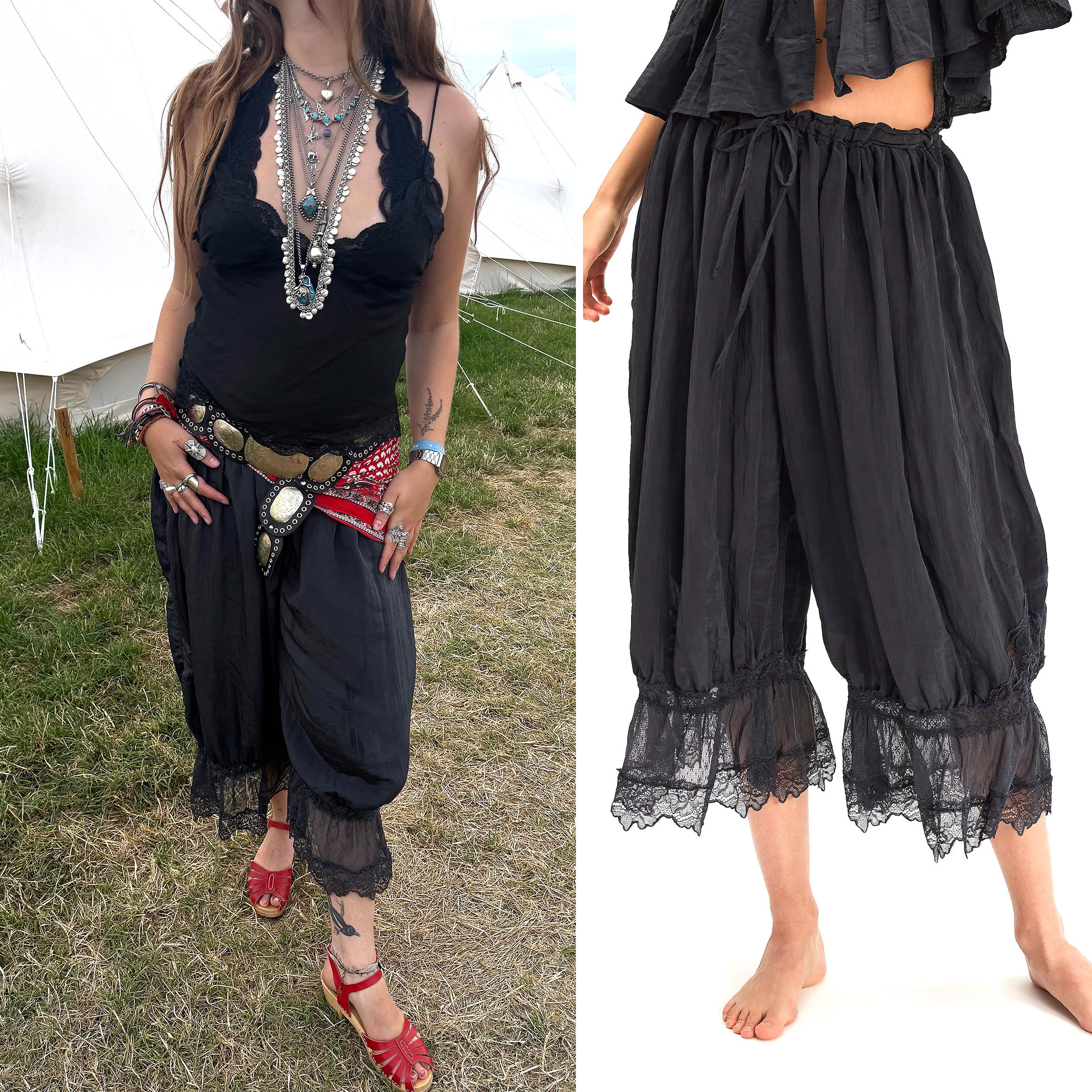 Buenoble Forever Young Lace Bloomers Pants for Women Cropped Boho Loose Fit Crinkled Fabric Fairycore Retro Style