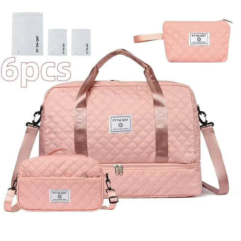 Solid Color Large Capacity Multifunctional Travel Bag Set, Letter Pattern Zipper Travel Bag with Shoe Compartment, Casual Sports Fitness Bag for Women & Men, Weekender Travel Set, Travel Essentials, Daily Travel Bag, Traveling Bag sohochic
