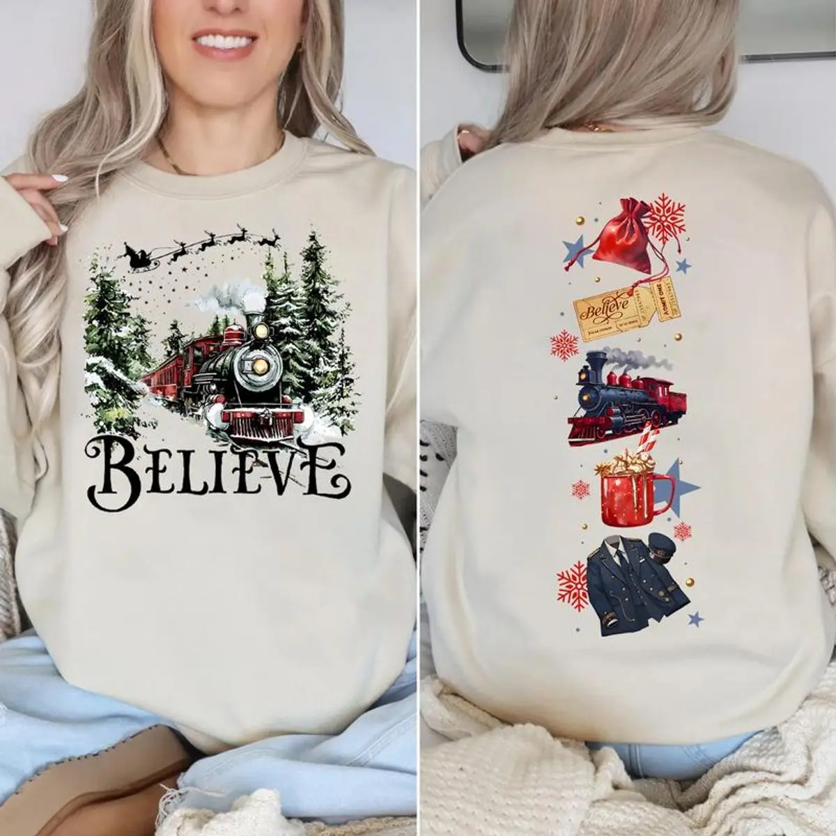 Polar Express 2 Sides Sweatshirt, Polar Express Believe Movie Shirt, Retro 90s Christmas Movies Hoodie, Unisex Sweater Pullover Tee