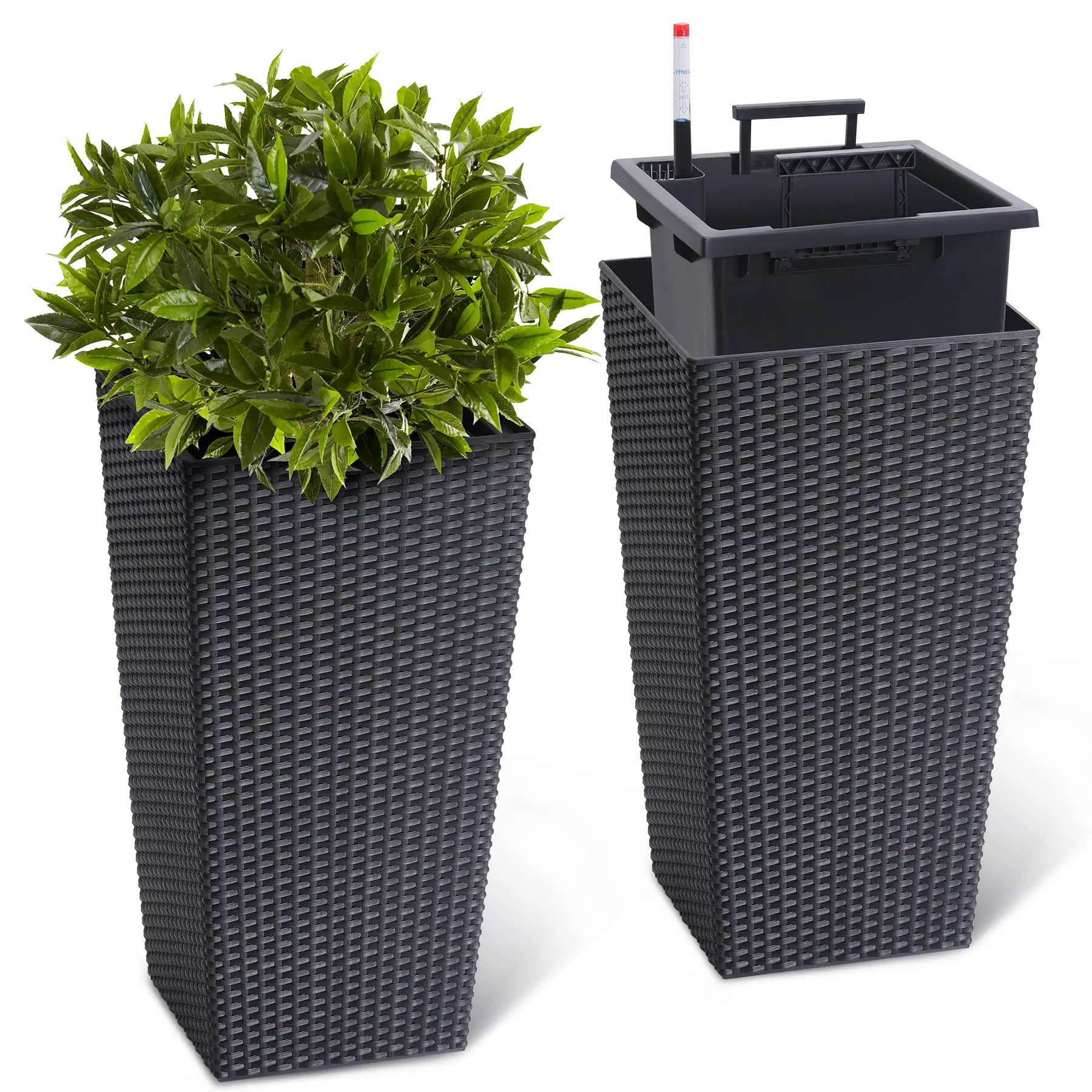 Modern Wicker Planters Set of 2 – 22.5" & 24" Tall Large Outdoor Plant Pots with Drainage, Detachable Liners, Heavy Duty Rattan for Patio, Porch, Garden, Front Door – Multi-Size Modern Wicker Planters Set