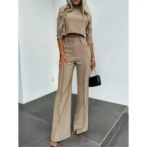 Elegant office women's set, fashionable solid color two-piece set, women's casual crop top+high waisted pants women's set, 2026 autumn