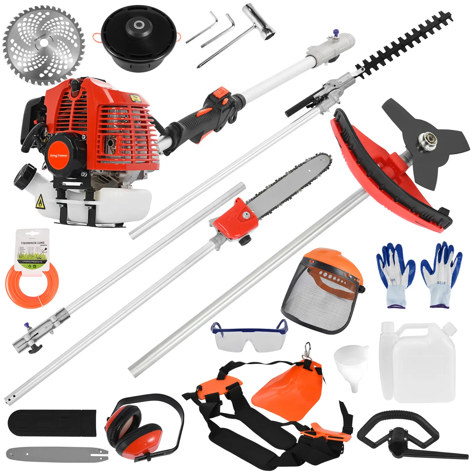 Gas-Powered 5-in-1 Portable Garden Tool Set - 52cc Engine, 2-Cycle, Dual-Side Use Hedge Trimmer, Weed Eater, String Trimmer, Edger, Pole Saw Chainsaw Pruner with Blade, Cutting Function, EPA, CE, EMC Certifications