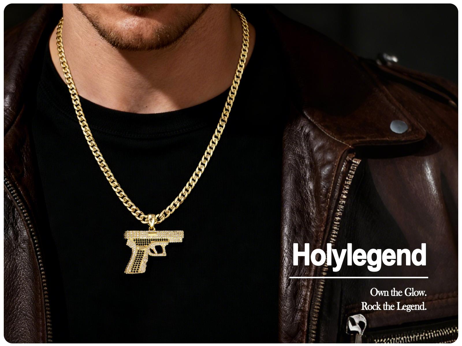 Holylegend 14K Real Gold-Plated Gun Pendant Necklace with AAAA CZ Diamonds, Streetwear Cuban and Rope Chain Jewelry, Bling Accessories Gift for Him, Men's Iced Out Hip Hop Chain,High End Necklace,Necklaces Men Holylegend 14K Real Gold-Plated Gun Pendant Necklace with AAAA CZ Diamonds, Streetwear Cuban and Rope Chain Jewelry, Bling Accessories Gift for Him, Men's Iced Out Hip Hop Chain,High End Necklace,Necklaces Men