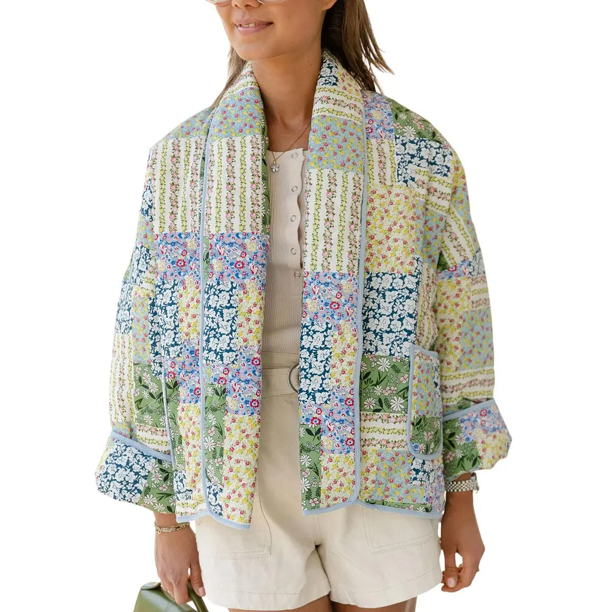 JovenPara Women's Cropped Floral Quilted Open-Front Padded Puffer Cardigan, Bohemian Lightweight Outerwear for Chic Outfits, Printed Jacket (XL)