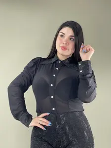 Hana's Rhinestone Long Sleeve Top - Brown Button-Up Shirt with Unique Shoulder Detailing for Women's Autumn Events Fitted Blouse