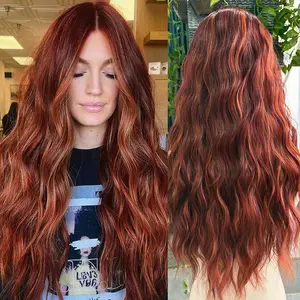 Orange Brown Wig-26 Inch Long Brown Wavy Synthetic Curly Hair Auburn Highlight Heat-Resistant Fiber for Women Halloween Cosplay & Daily Party