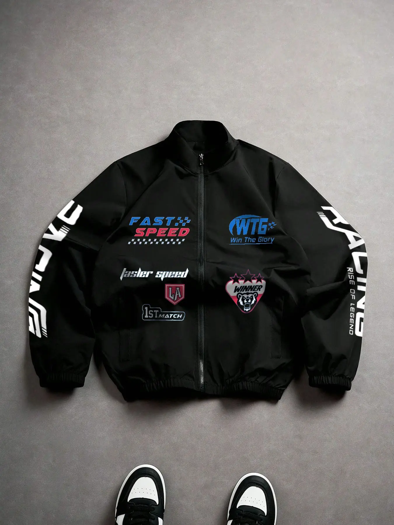 Unisex Racing Style Zip-Up Jacket, "Fast Speed" Graphic Print Bomber Jacket For Streetwear & Casual Wear Tops