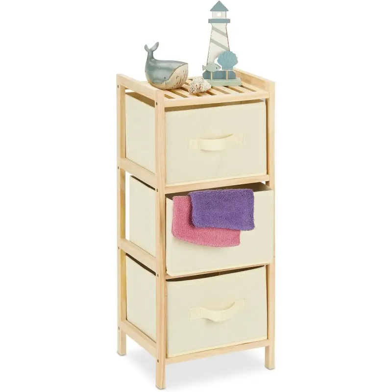 Narrow 3-Drawer Bamboo Fabric Storage Tower - Slim Wooden Organizer Unit with Foldable Non-Woven Drawers, Freestanding Shelf for Bathroom, Bedroom, Hallway, Space-Saving 28x25.5x65cm Cabinet, Natural Wood Frame