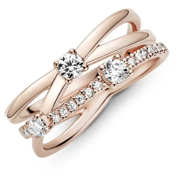 Pandora Hand-Finished Pre-Stacked Unisex Sparkling Triple Band Silver Ring with Cubic Zircons, Classic Wear Jewelry Accessory 189400C01-60