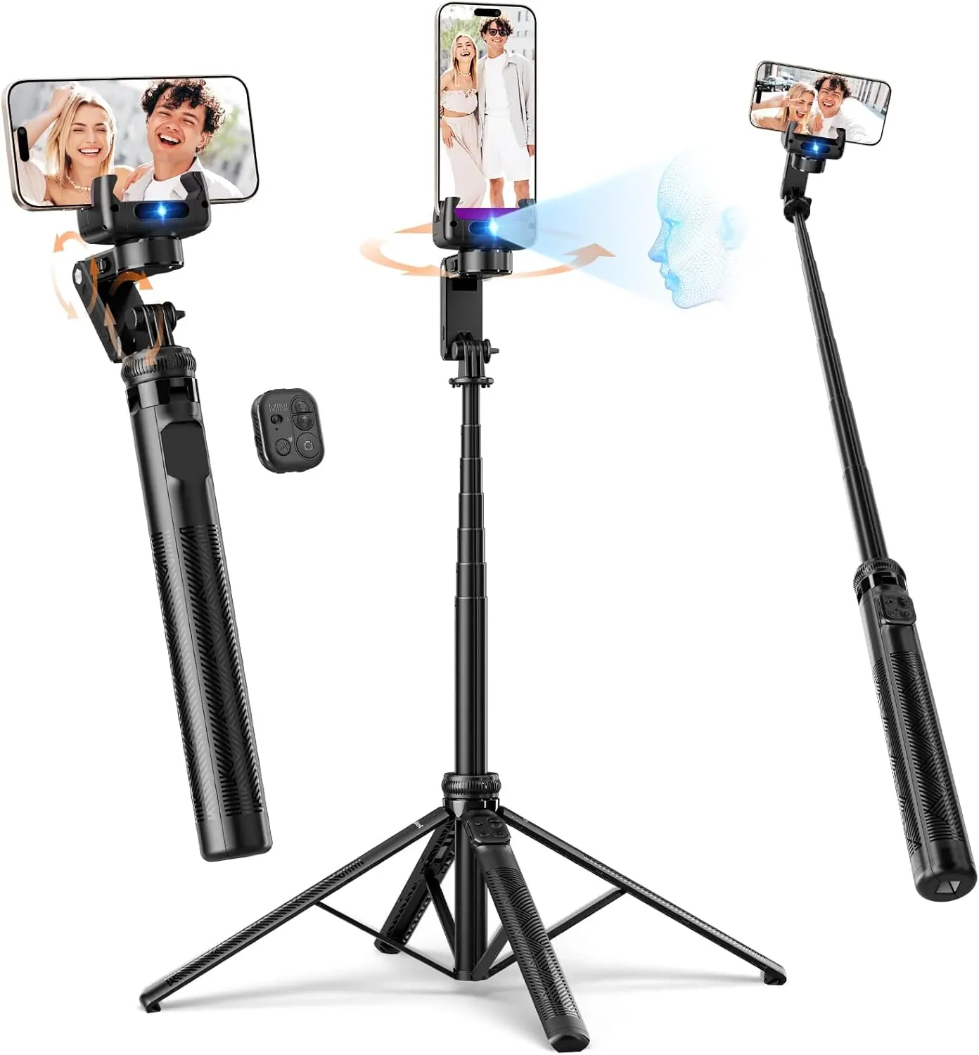 Rollei Auto Face Tracking Tripod - Upgraded Smartphone Gimbal Stabilizer, 61'' Selfie Stick Holder with Remote, Cellphone Gimbal Selfie Accessories for iPhone/Android, Vlogging Gear, Smartphone Camera Accessories