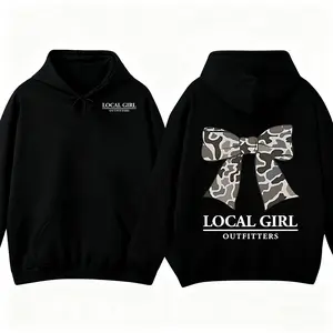 Local Girl Coquette Bow Hoodie Camouflage Design Graphic Casual Hooded Pullover for Women Oversized Print Apparel Made In The USA Long Sleeve Fitted Sweatshirts Everyday Wear Black Style
