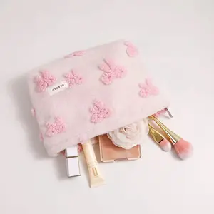 Plush Bow-knot Makeup Bag | Soft Aesthetic Cosmetic Organizer | Cute Toiletry Travel Pouch for Skincare & Brushes | Coquette Style Vanity Bag Gift for Her