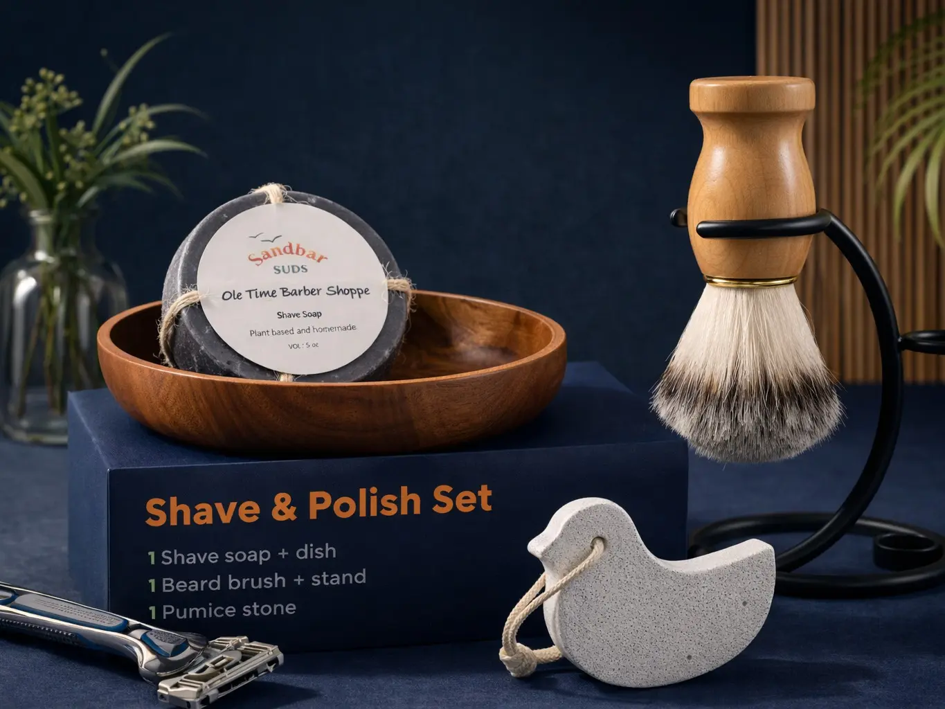 Sandbar SUDS Shave & Polish 5-Piece Grooming Bundle | Traditional Wet Shaving Set | Includes Artisanal Shave Soap with Ceramic Dish, Professional Beard Brush with Stand & Natural Pumice Stone | Men’s Precision Grooming Kit | Made in USA | Phthalate-Free