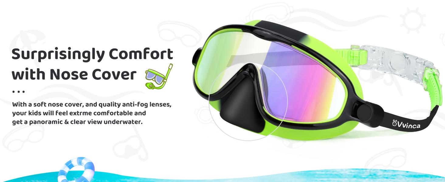 [Spring Shine]Vvinca Kids pool accessories-2 Pcs-Swim-Goggles with Nose Cover,   Wide View Anti Fog UV Anti Shattered Lens for Kids 3-6/6-15（Please refer to the dimension drawing in Figure 2）