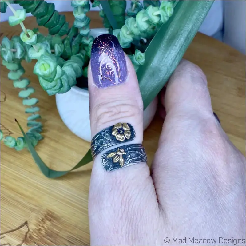 Sterling Silver Adjustable Wrap Ring - Animal Design, Unisex One Size, Playful Wide Band, Dark Blue, Charming Brass Accents, Bee & Flower Details, Mad Meadow Designs, Statement Jewelry Accessory, Complements Any Outfit, 1 Ring