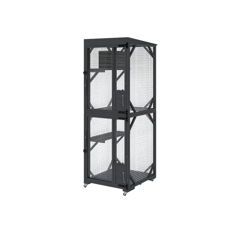 Small Cat Cage with Wheels, Indoor Outdoor Catio Enclosure, Fir Wood & Galvanized Wire Mesh Pet House with Resting Box & Multiple Doors for Kittens, Cats