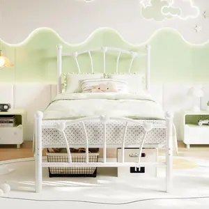 Twin Size Bed Frame, White Heart Shaped Metal Bed Frame with Headboard and Footboard, Platform Bed Frame with Sturdy Slat Support, Underbed Storage Space, No Box Spring Needed
