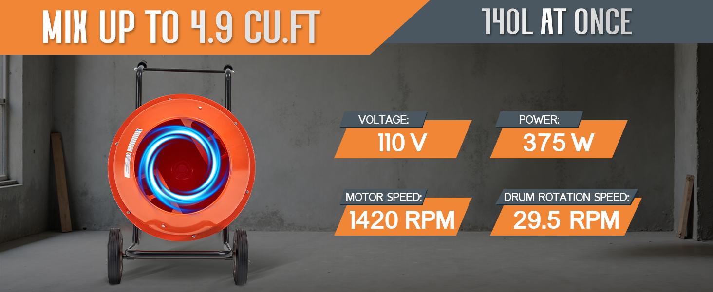 AMERLIFE 4.9 Cu.Ft. Electric Cement Mixer,550W/375W Portable Concrete Mixing Machine with 140L Drum, 110V Motor, 30RPM Rotation for Mortar, Stucco, and Feed