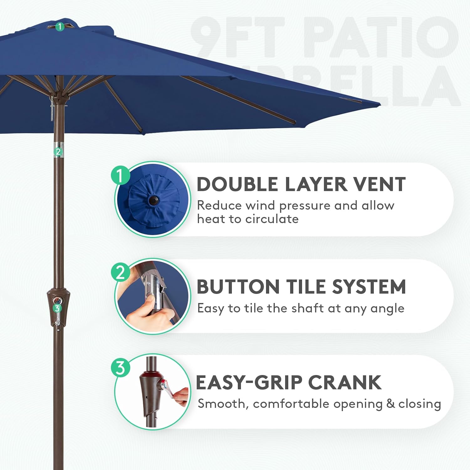 [Umbrella Base is Not Included] 9FT Outdoor Patio Umbrella Outdoor Table Umbrella with Push Button Tilt and Crank, Market Umbrella 8 Sturdy Ribs UV Protection Waterproof for Garden, Deck, Backyard, Pool