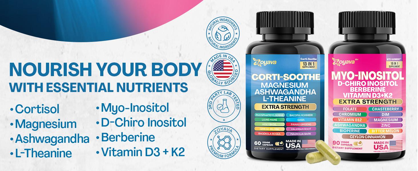 Soothe & Smooth Bundle - Zoyava Cortisol and Myo-Inositol All-in-One Dietary Supplement - Multivitamin Combo with Extra Strength Ingredients for Fitness & Healthcare - MADE IN USA