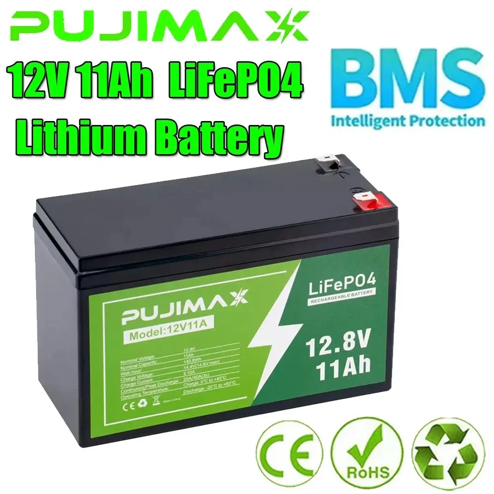 12V 11Ah LiFePO4 Lithium Battery - Built-in BMS, 5000+ Cycles, Lithium High Capacity Long Lasting Battery for Solar Power, Outdoor Emergency Backup