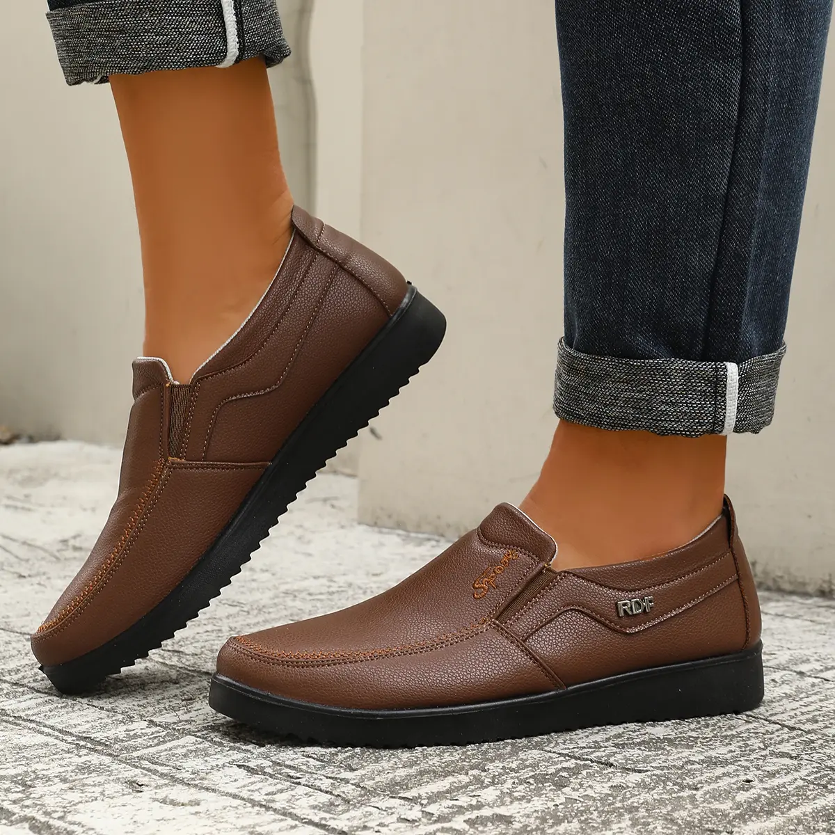 OFIREND Men's Faux Leather Flat Slip-On Ankle Loafers - Soft Synthetic Footwear, Non-Slip Sole, Business Casual Shoes for Daily Commute, Ideal Father Gifts, Flats, Flexible, Low Top, Hands Free Slip-In Casual Trainers