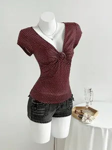 EVO x Elamini Women's V-Neck Ruched Embellished Button Knit Polka Dot T-Shirt