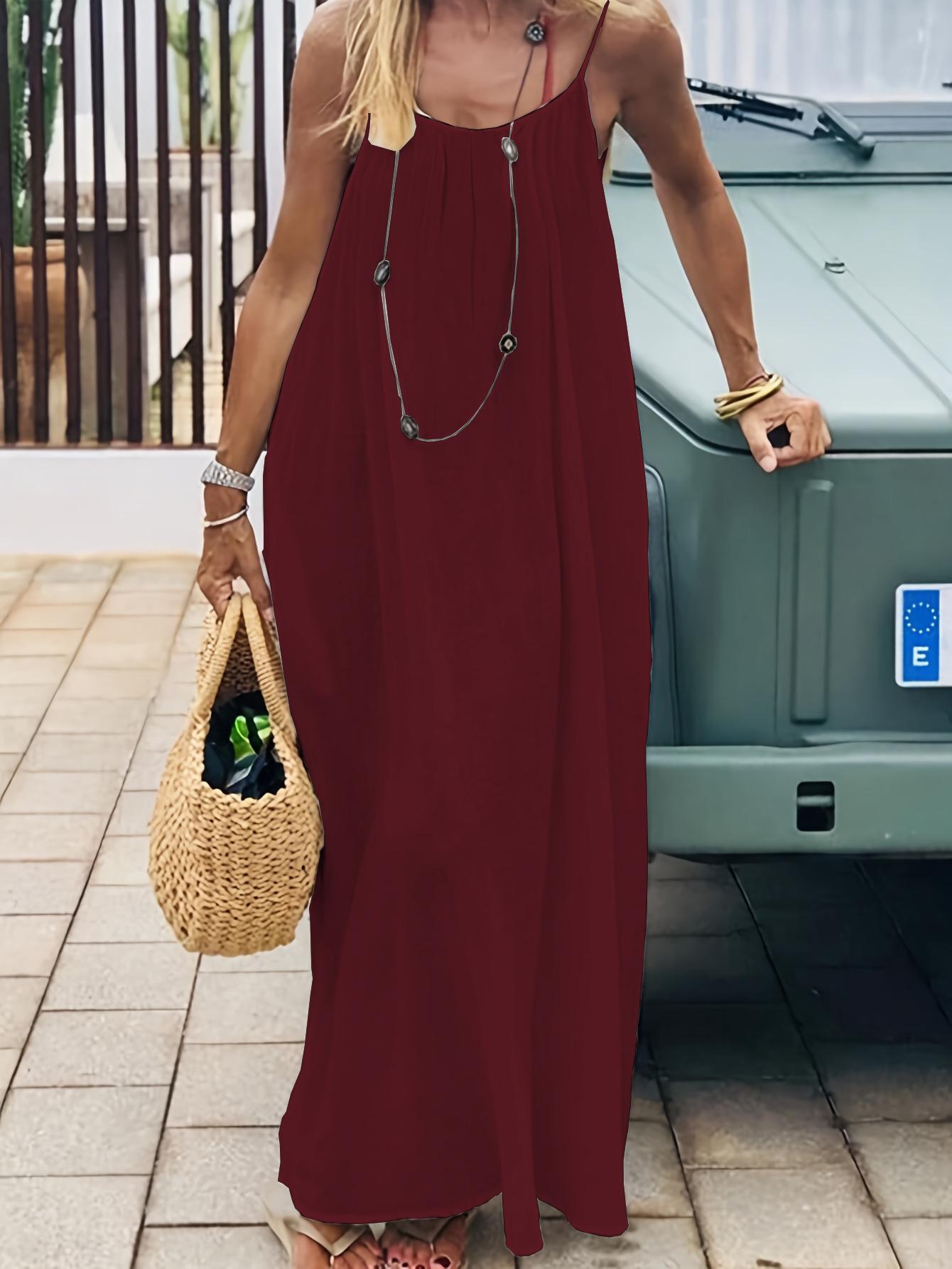 Plus Size - Plus Size - 2026 New Women'S Camisole Backless Loose Long Home Wear Dress |     Beach Skirt Swimsuit, Sleeveless, V-neck, Medium Stretch Fabric, Straight Hem, Random Print, Elegant Style for Spring/Summer