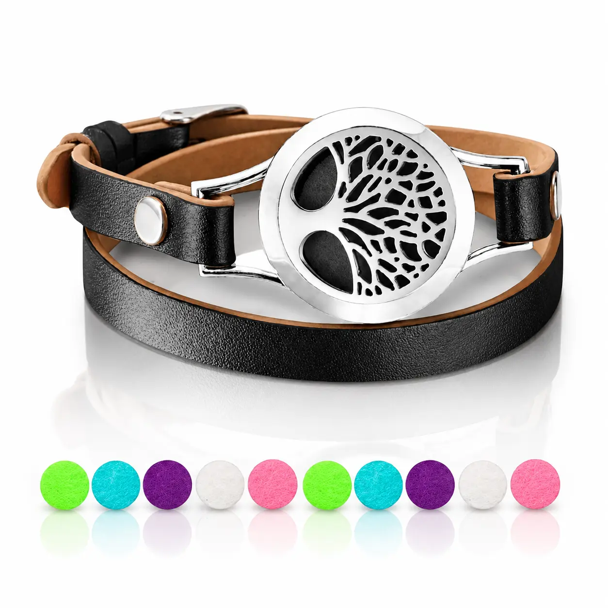Tree of Life Aromatherapy Bracelet with Diffuser Locket – Faux Leather Adjustable Wristband, 10 Multi-Colour Felt Pads for Essential Oils