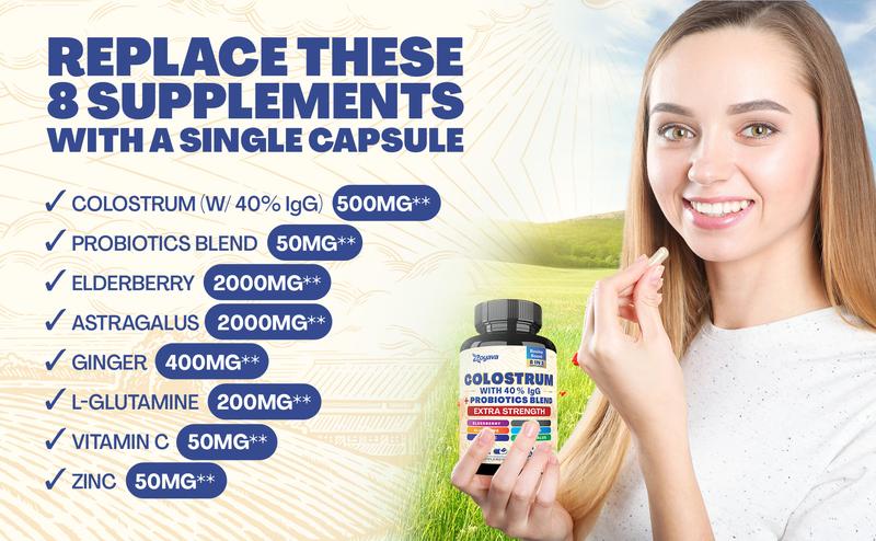 Zoyava Bovine Colostrum Supplement - Grass-Fed Cow Colostrum All-in-1 Capsules with 40% IgG & Probiotics - Highly Potent - Made in USA