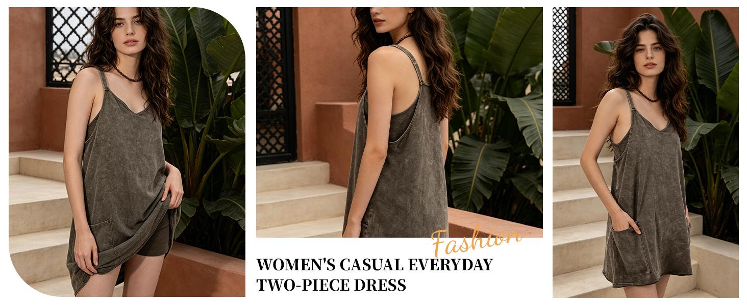Construction detail of Women's Mineral-Wash Sleeveless Workout Romper Dress with a V-neckline