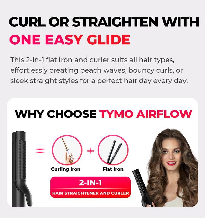 TYMO AIRFLOW- Straightener and Curling Irons 2 in 1, 360° Cooling Air Hair Curler, Tourmaline Coating, Comfort, hair styling tools, Plancha de cabello