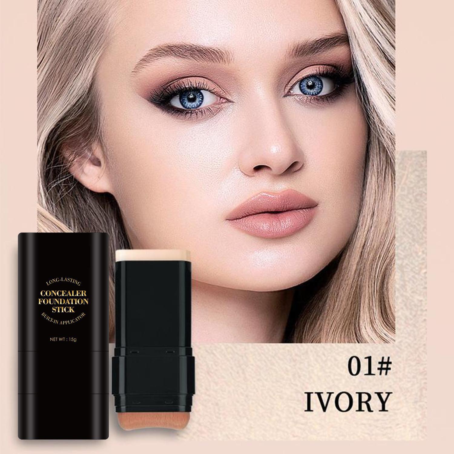 Luminous Dual-Ended Concealer Foundation Stick with Built-in Brushes  24H Long-Lasting Waterproof Sweatproof One-Swipe Even Flawless Base Clear Radiant Skin Foundation Stick