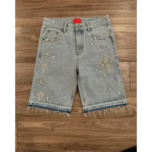 Cross embroidered denim shorts, American gym shorts, Chinese streetwear, hip-hop men's and women's