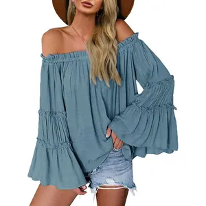 Womens Off The Shoulder Long Bell Sleeve Tops Flared Casual Loose Blouse  LAICIGO
