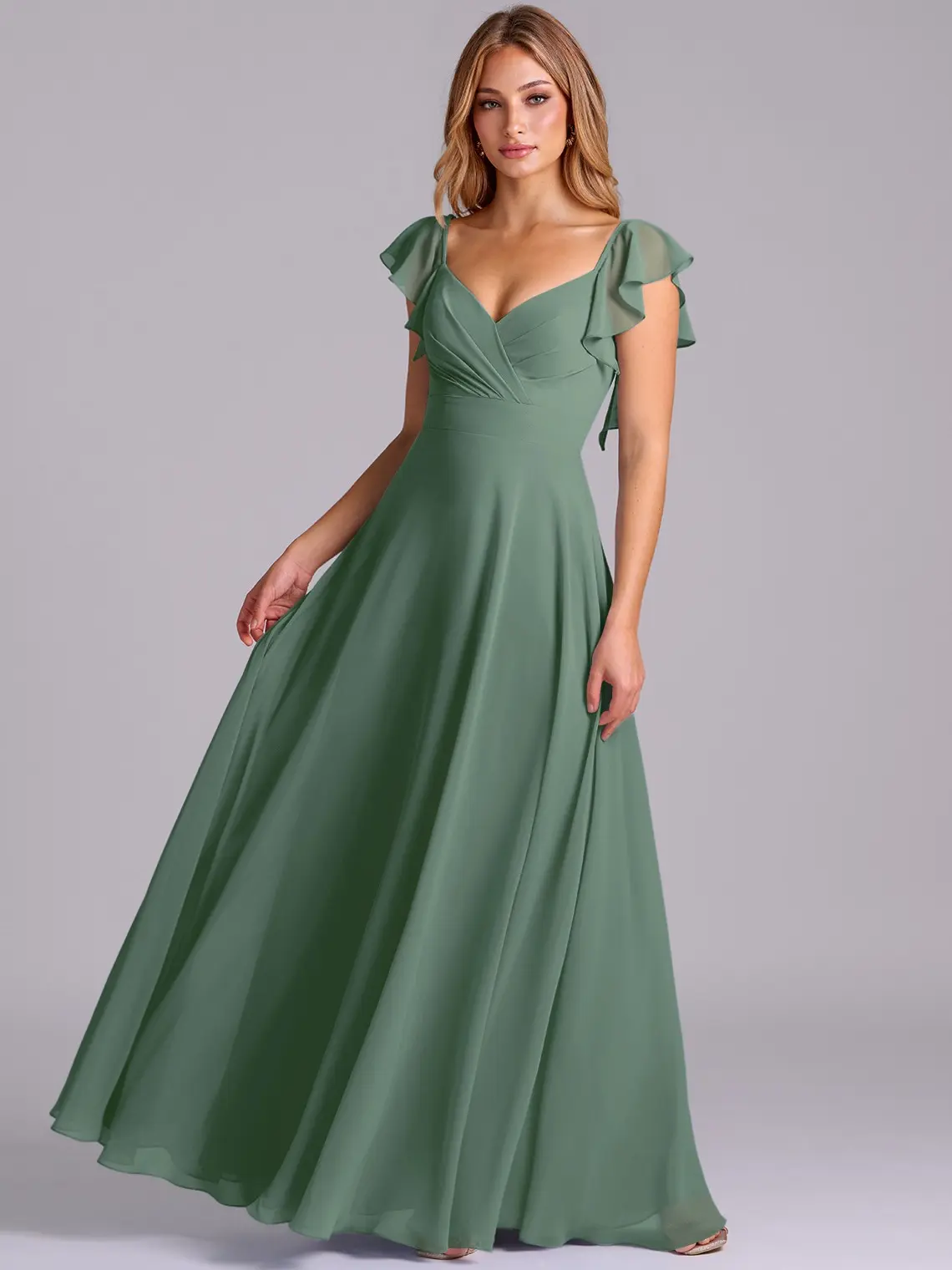 AZAZIE Women's Elegant Chiffon Bridesmaid Gown, A-Line Floor-Length Dress with V-Neck, Flutter Sleeves, and Pleated Belted Waist, Elegant Fashion