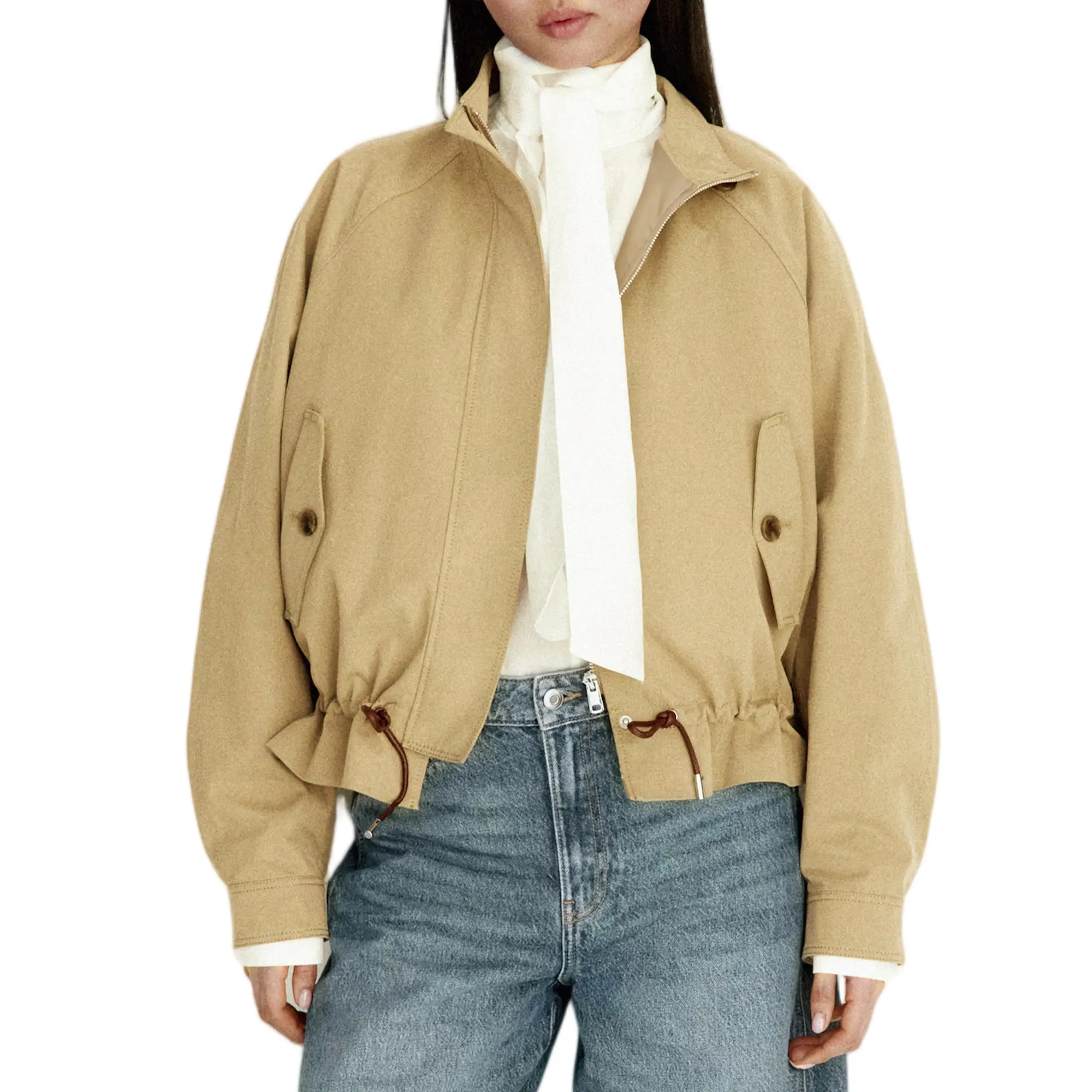 Hixiaohe Women's Cropped Zip Up Jacket Casual Lightweight Drawstring Waist Coat with Pockets for Spring & Autumn Short
