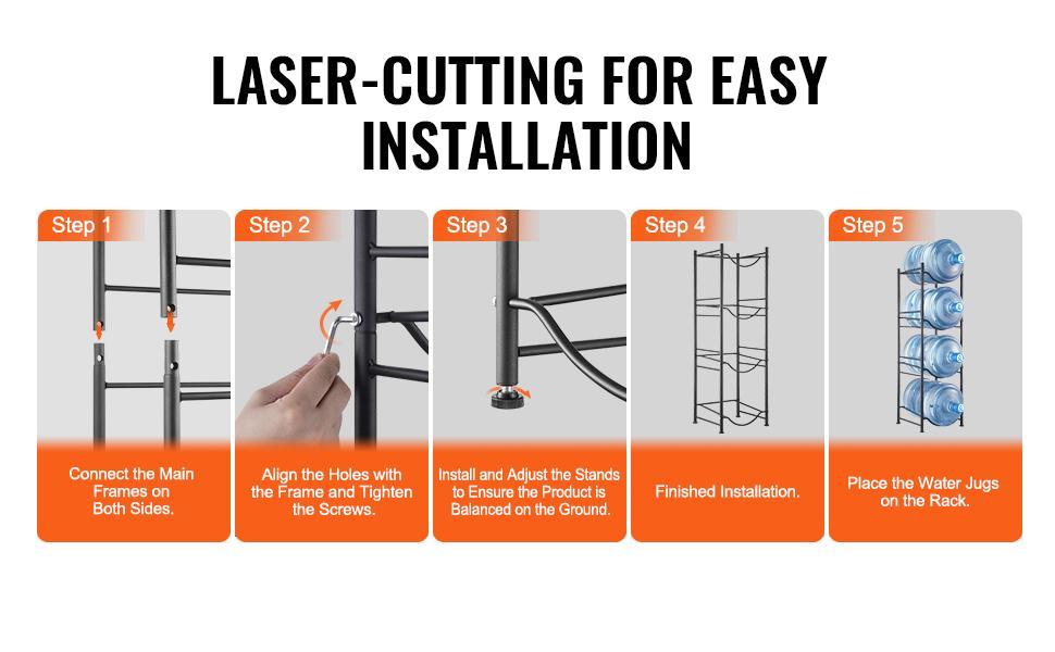 VEVOR 4 Tiers Water Jug Holder,  5 Gallon Water Bottle Holder, Single Row Water Bottle Rack for 4 Bottles, Heavy Duty Water Jug Rack for Kitchen, Office, Living Room, Black