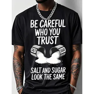 Men S Fun Fitness T-Shirt Featuring Salt and Sugar Trust Pattern Print Heavy Cotton Loose Fit Breathable Short Sleeve Round Neck Casual and Sports Top Ideal for Summer Salt Bottle Design Fitness Apparel Perfect for Salt Enthusiasts