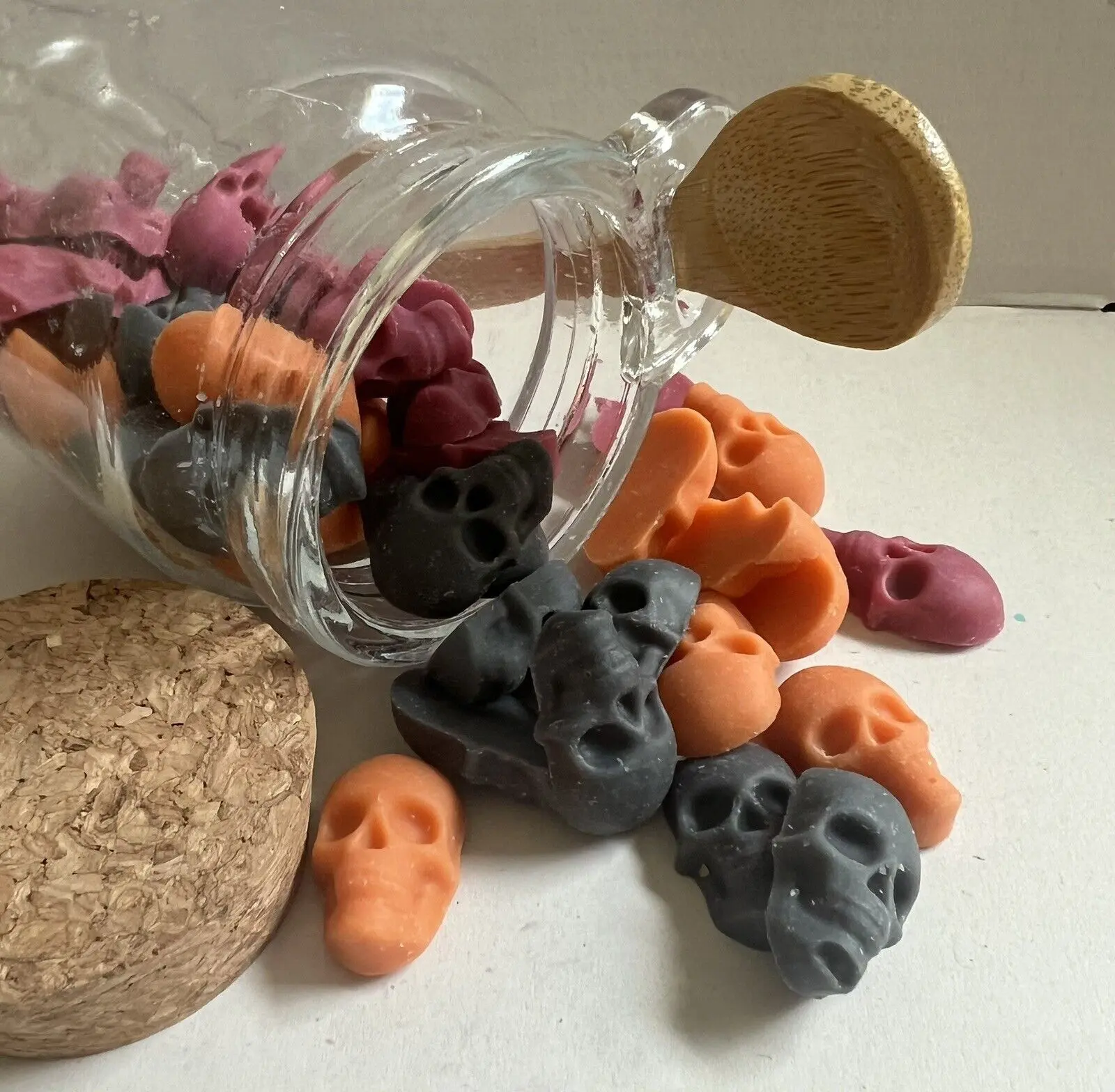 Halloween skulls, scented wax melts/wax tarts in Fall Scents. Smokless and make great gifts