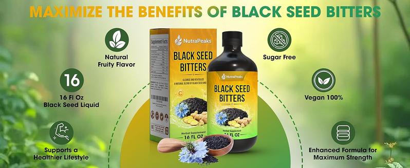 Black Seed Oil Bitters Liquid - Premium Herbal Blend with Black Seed Extract, Curcumin (Turmeric Extract), Ashwagandha, Elderberry, Probiotics, Vitamin C, Zinc...16 fl oz | Natural Botanical Blend