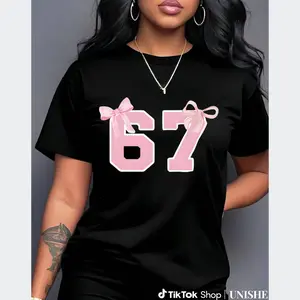 Versatile Women’s 67 Letter & Number Casual Tee – Opaque Fabric for Everyday Use