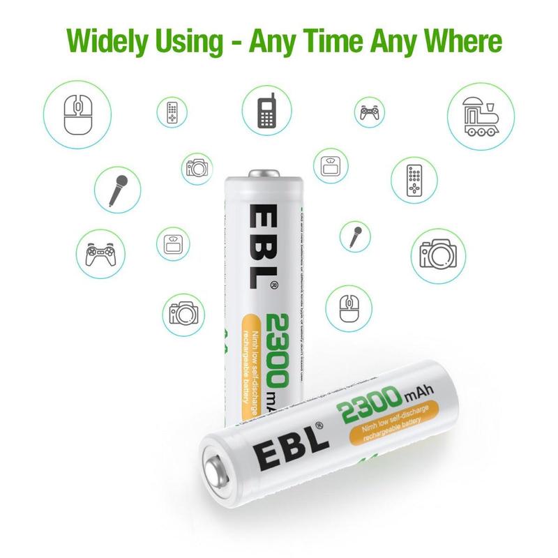 EBL AA Ni-MH Rechargeable Batteries 2300mAh High Performance & Quality Precharged Solar Energy 15%-20% Capacity Excellent Charge/Discharge Performance Longer Life Economical Professional ProCyco Technology Upgraded Cells Safety Ensured Storage Case