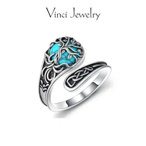 925 Synthetic Turquoise Celtic Open Ring with Tree of Life Design, Vintage Nature & Growth Symbolism Adjustable Ring Jewelry, Unisex Gift for Nature Lovers, Spiritual Healing Amulet for Wiccan&Pagan, for Daily Wear